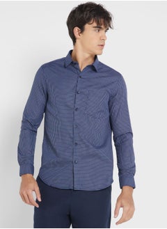 Men Easy Care Navy Blue White Checked Formal Shirt