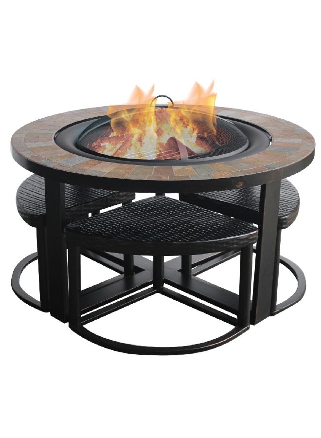 LIVING ACCENTS Decorative Round Fire Pit with Conversation Set Black and Brown 107 x 107 x 69 cm FTB-10005D
