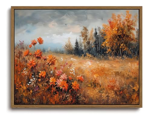KISSFOX Framed Wall Art Decor Vintage Landscape Pictures Wall Decor Fall Leaves Forest Scenery Canvas Art Farmhouse Countryside Paintings Artwork For Bedroom Kitchen Living Room - Image 1