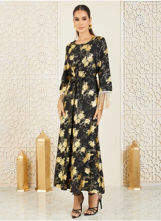 ستايلي Floral Foil Print Tassel Trim Self Tie Jalabiya