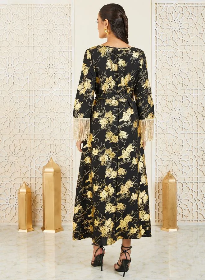 ستايلي Floral Foil Print Tassel Trim Self Tie Jalabiya