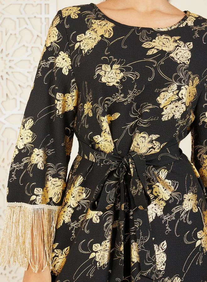 ستايلي Floral Foil Print Tassel Trim Self Tie Jalabiya