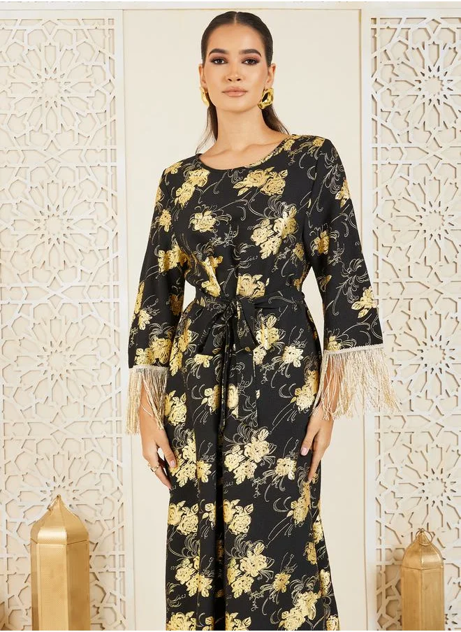 ستايلي Floral Foil Print Tassel Trim Self Tie Jalabiya