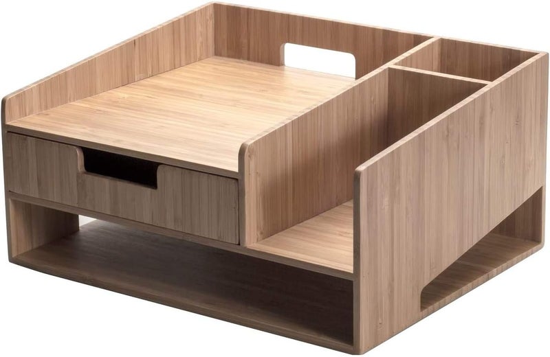 MobileVision Bamboo Telephone Stand With Drawer Paper Tray & Pencil Holder Storage Solution for office products pens scissors staplers notepads business cards & more - Image 3