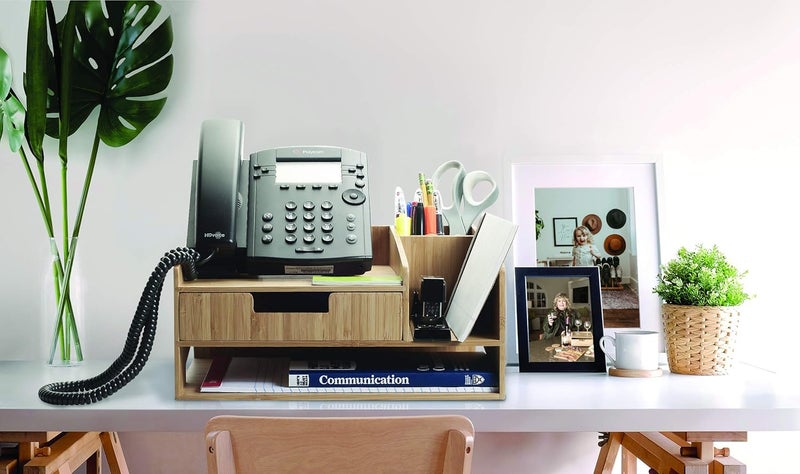 MobileVision Bamboo Telephone Stand With Drawer Paper Tray & Pencil Holder Storage Solution for office products pens scissors staplers notepads business cards & more - Image 5