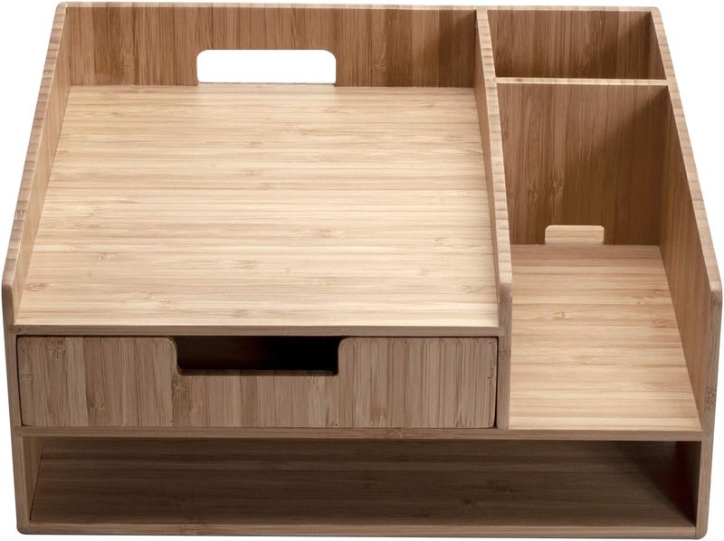 MobileVision Bamboo Telephone Stand With Drawer Paper Tray & Pencil Holder Storage Solution for office products pens scissors staplers notepads business cards & more - Image 4