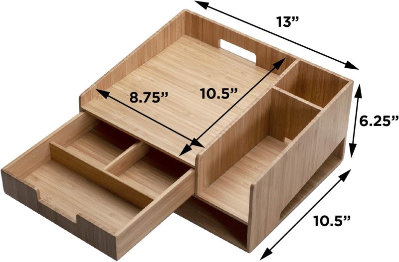 MobileVision Bamboo Telephone Stand With Drawer Paper Tray & Pencil Holder Storage Solution for office products pens scissors staplers notepads business cards & more - Image 2