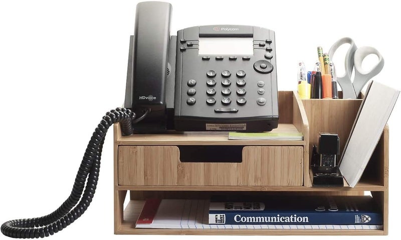 MobileVision Bamboo Telephone Stand With Drawer Paper Tray & Pencil Holder Storage Solution for office products pens scissors staplers notepads business cards & more - Image 1