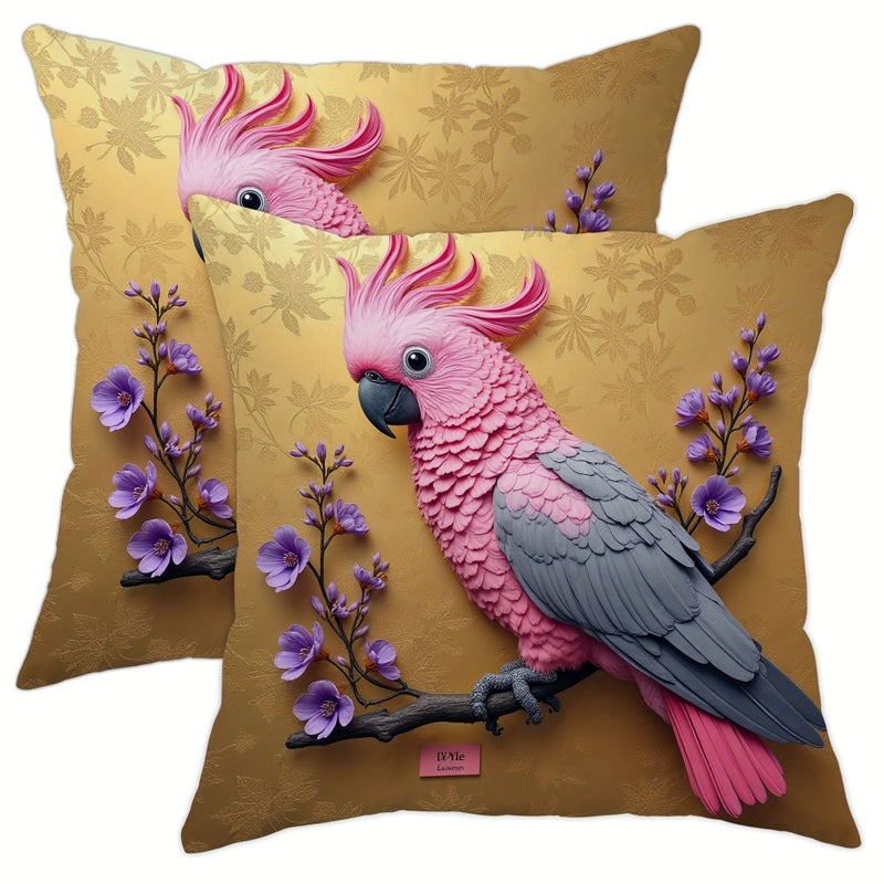 Modern Golden Pink Parrot Throw Pillow Covers 16x16 Inch Washable - Image 1