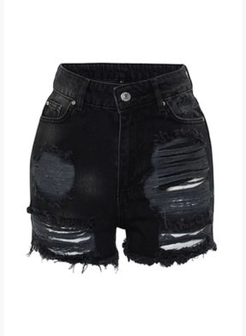 trendyol Black Denim Ripped Detailed Denim 100% Cotton Shorts & Bermuda