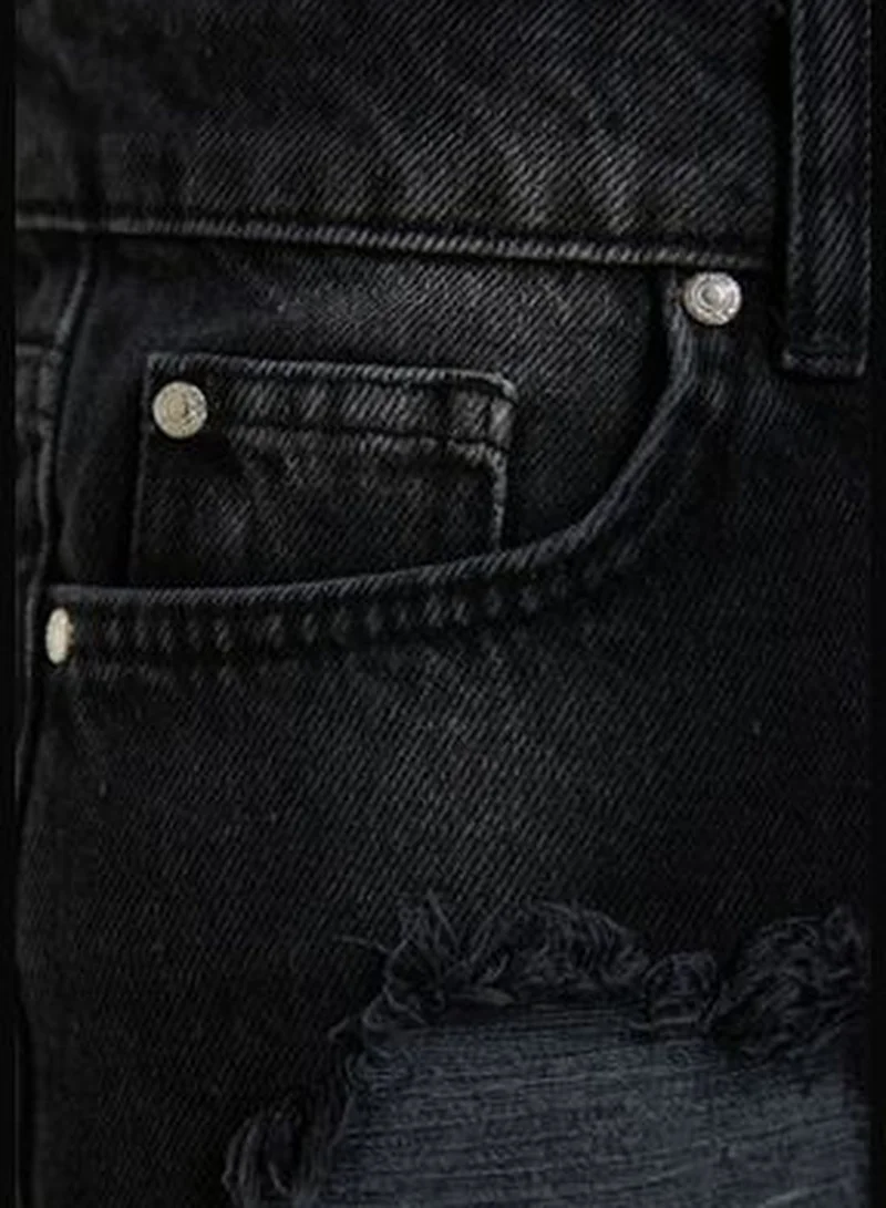 trendyol Black Denim Ripped Detailed Denim 100% Cotton Shorts & Bermuda