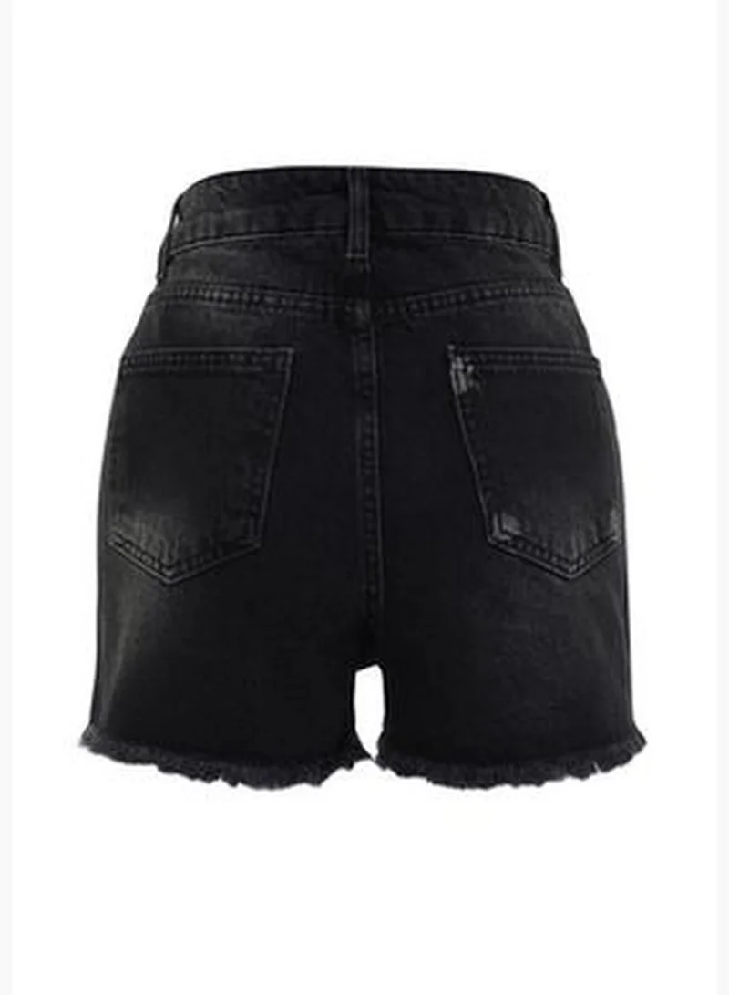 trendyol Black Denim Ripped Detailed Denim 100% Cotton Shorts & Bermuda