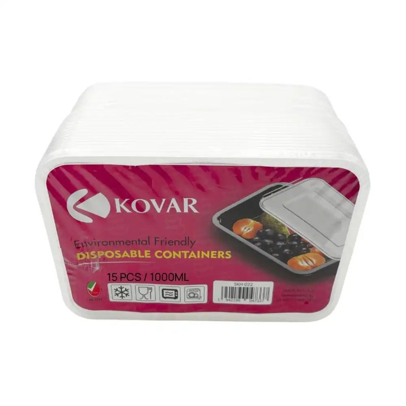 KOVAR Disposable Food Box with Lid Microwavable Food Storage Container- 1000ml Pack of 15pcs