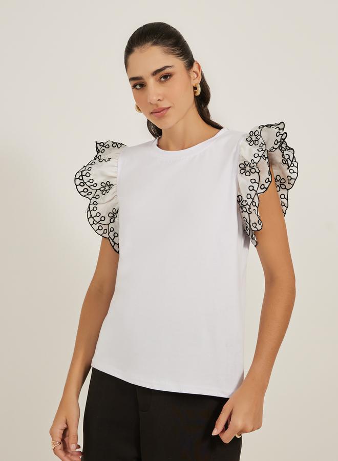 Styli Frill Sleeve Schiffli Round Neck T-Shirt  - Image 3