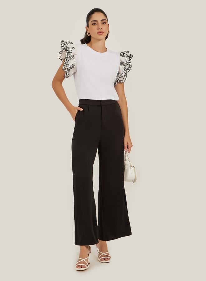 Styli Frill Sleeve Schiffli Round Neck T-Shirt  - Image 2