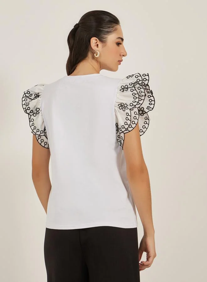 Styli Frill Sleeve Schiffli Round Neck T-Shirt
