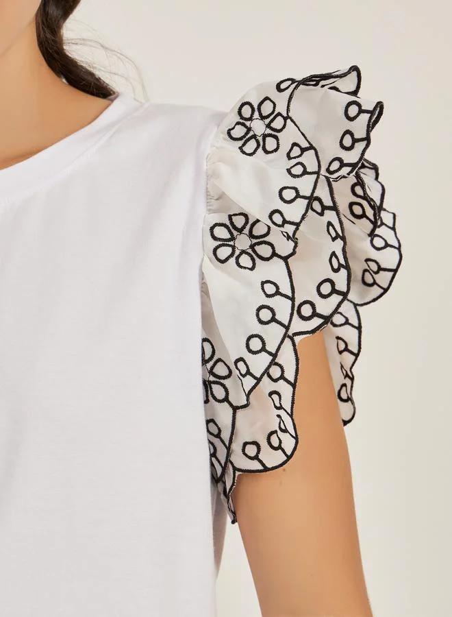 Styli Frill Sleeve Schiffli Round Neck T-Shirt