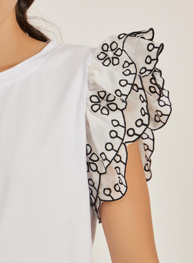 Styli Frill Sleeve Schiffli Round Neck T-Shirt  - Image 4