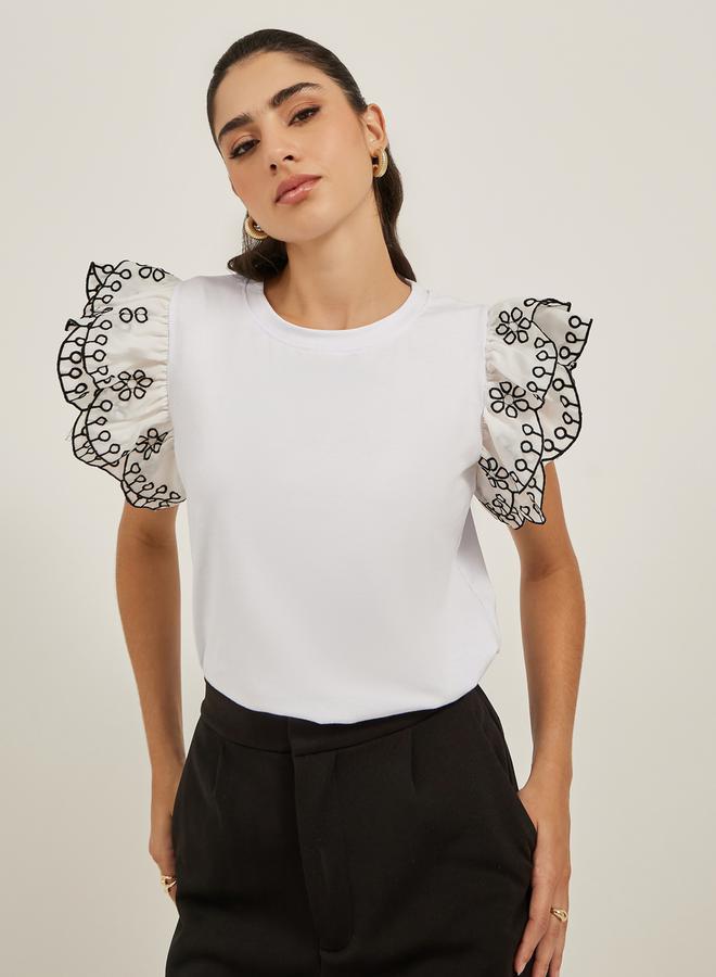 Styli Frill Sleeve Schiffli Round Neck T-Shirt  - Image 1