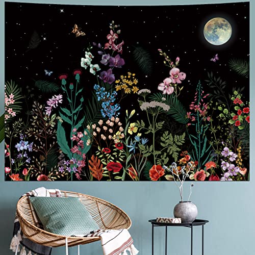 Generleo Floral Plants Tapestry Galaxy Moon Tapestries Vintage Boho Flower Butterfly Tapestries Black Starry Sky Nature Landscape Tapestry Wall Hanging for Bedroom - Image 2