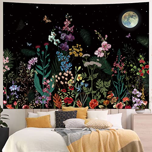 Generleo Floral Plants Tapestry Galaxy Moon Tapestries Vintage Boho Flower Butterfly Tapestries Black Starry Sky Nature Landscape Tapestry Wall Hanging for Bedroom - Image 1