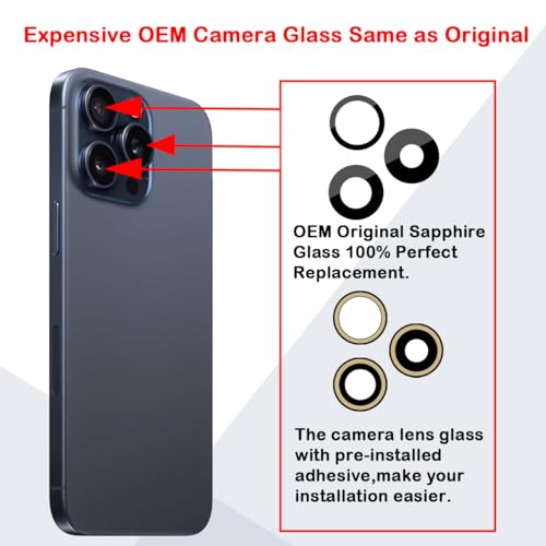 Phoupair Original OEM Back Rear Camera Glass Lens Replacement for iPhone 15 Pro 6.1-inches with Adhesive Preinstalled and Repair Tools Set - Image 3