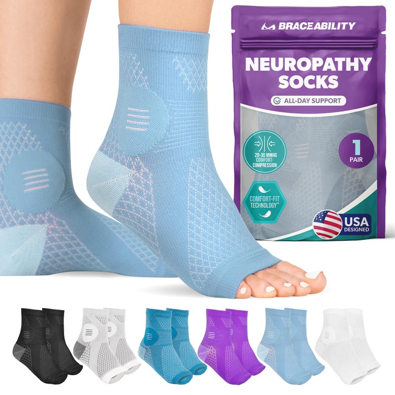 BraceAbility Neuropathy Socks Pair Peripheral Neuritis Compression Diabetic Toeless Foot Sleeves for Nerve Damage Pain in Feet Ankle Gout Plantar Fasciitis Relief Brace for Men and Women L Light Blue