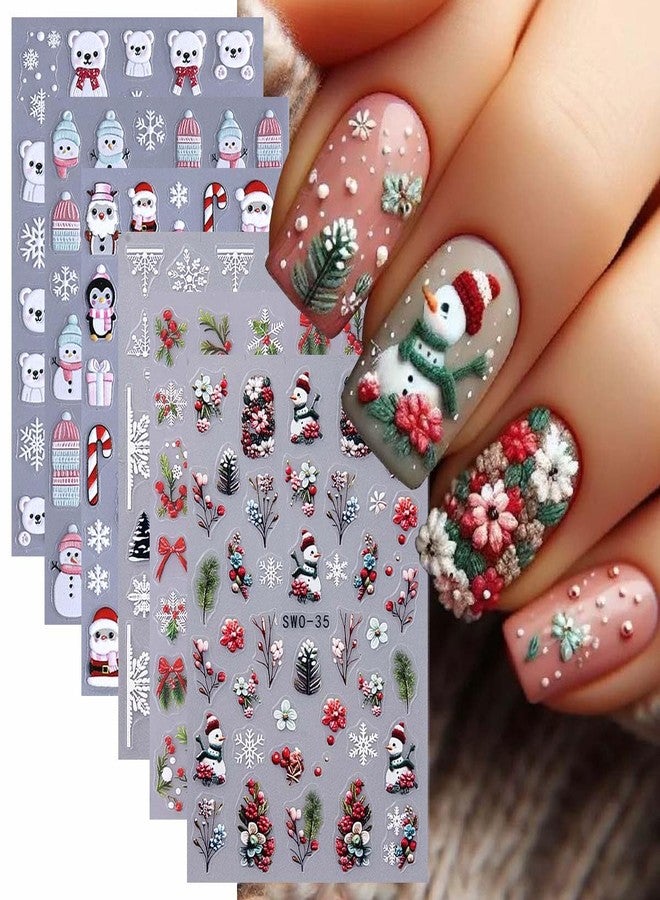 SWEET TREND Christmas Nail Art Stickers Set: 6 Sheets Cute Winter Nail Art Decals with Penguins Snowmen Bears Reindeer Holly Decor Snowflakes & Flowers - DIY Self-Adhesive Nail Wraps for Holiday Gift & Manicure - Image 1