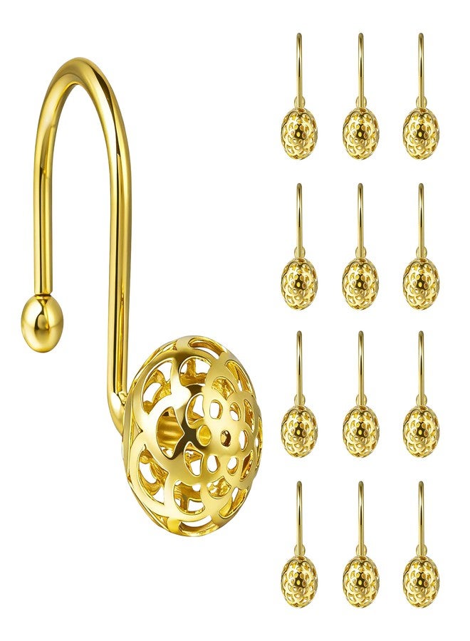 Sunlit Gold Hollow Ball Shower Curtain Hooks, Metal Home Decorative Shower Curtain Rings for Bathroom, Modern Shower Curtain Hangers Bathroom Accessories, Set of 12 - Image 1