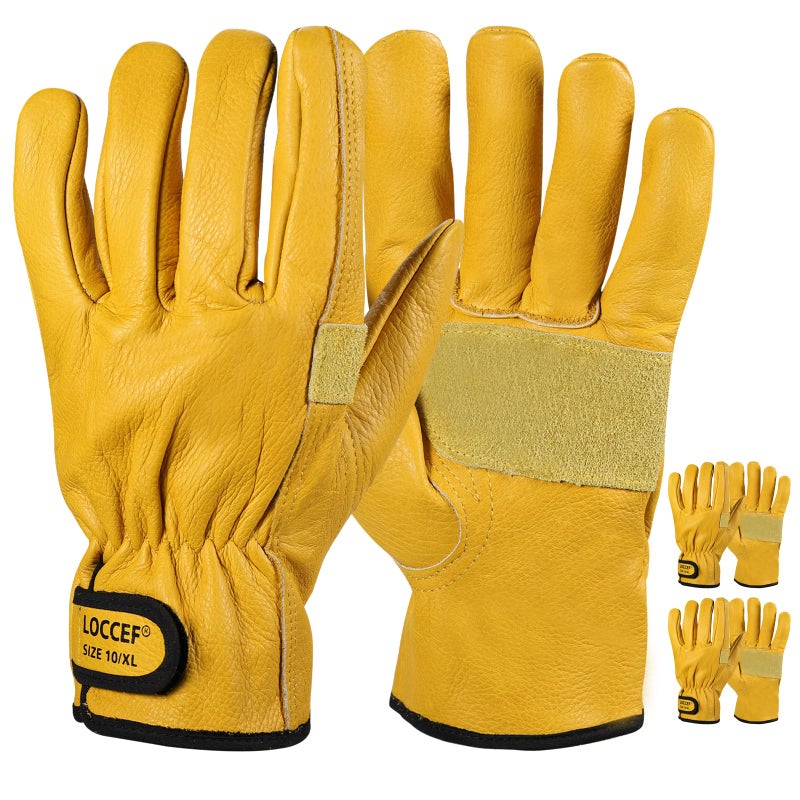 LOCCEF 2 Pairs Leather Work Gloves for Men and Women,Cowhide Leather Gloves Utility Working Gloves (Yellow, 9/L) - Image 1