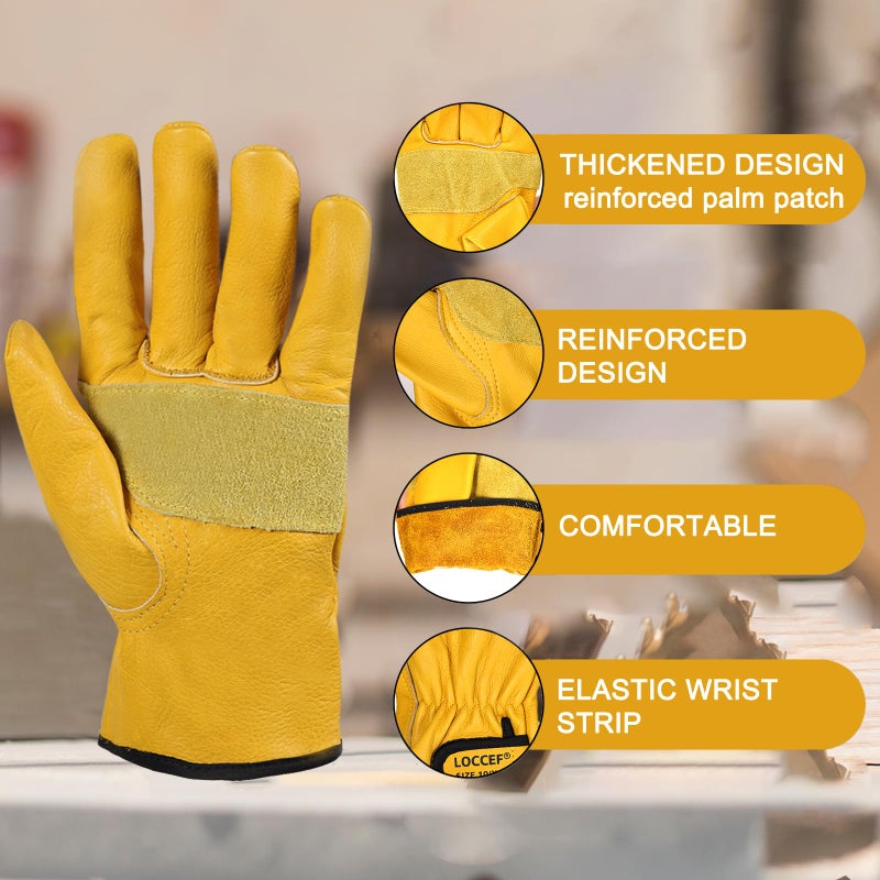 LOCCEF 2 Pairs Leather Work Gloves for Men and Women,Cowhide Leather Gloves Utility Working Gloves (Yellow, 9/L) - Image 3
