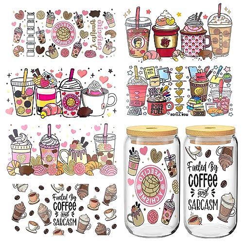 GETRIC UV DTF Cup Wrap Transfer Stickers for Glass, 6 Sheets Cup Rub on Transfers for Crafting Cup Decal Stickers for 16OZ Libbey Glass Cups Furniture Craft Wood DIY Crafts - Image 1