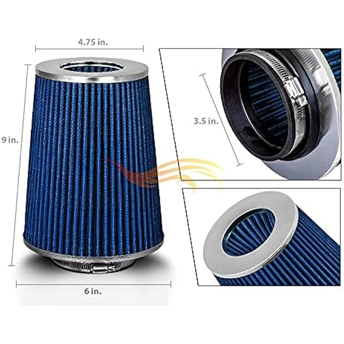 Rtunes Racing BLUE 3.5" 89 mm Inlet Truck Cold Air Intake Cone Replacement Performance Washable Clamp-On Dry Air Filter (8" Tall) - Image 2