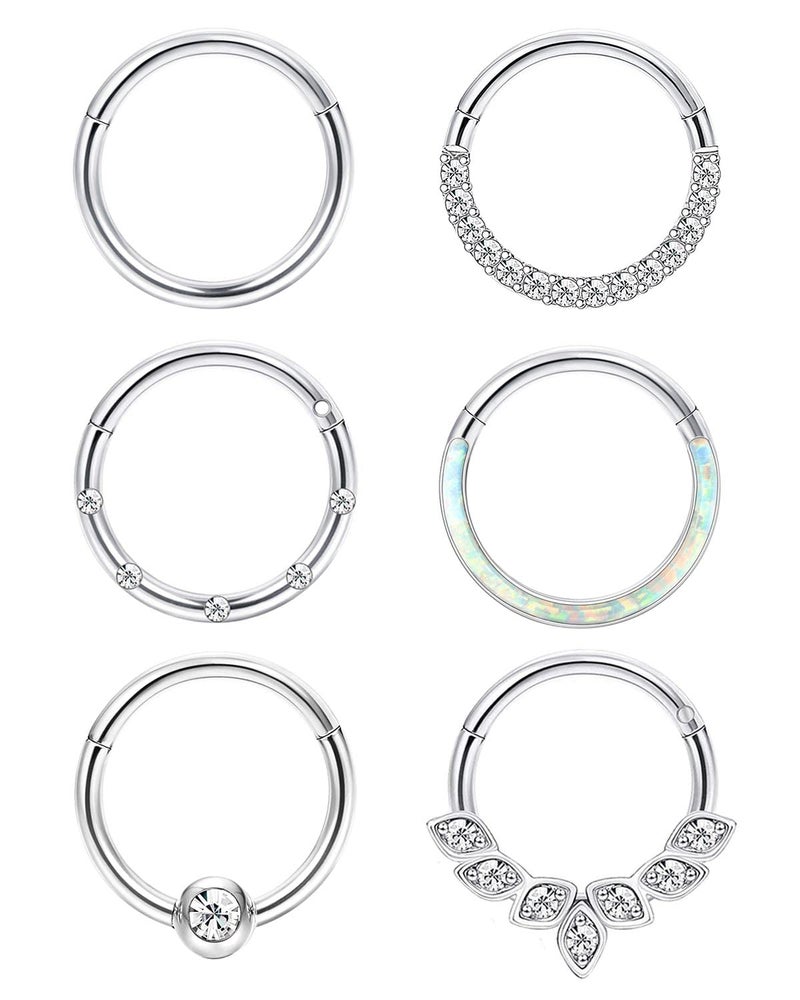 Jstyle 6Pcs 16G 18G Septum Rings Surgical Steel Nose Rings Hoop for Women Opal CZ Daith Cartilage Hoop Earring Clicker Septum Jewelry Hinged Hoop Nose Ring Helix Rook Tragus Piercing Jewelry 16G 8mm - Image 1