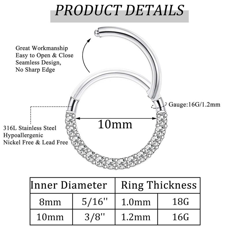 Jstyle 6Pcs 16G 18G Septum Rings Surgical Steel Nose Rings Hoop for Women Opal CZ Daith Cartilage Hoop Earring Clicker Septum Jewelry Hinged Hoop Nose Ring Helix Rook Tragus Piercing Jewelry 16G 8mm - Image 3