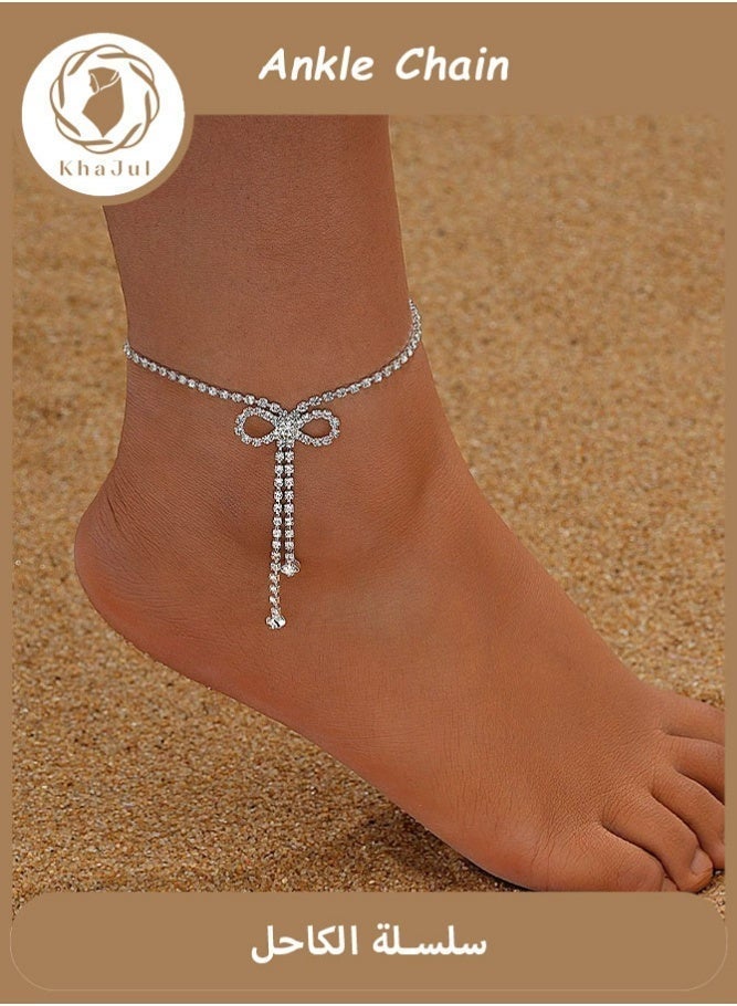 KHAJUL Women's Sparkling Rhinestone Bow Ankle Bracelet,  Elegant Foot Jewelry for Daily Wear - Image 1