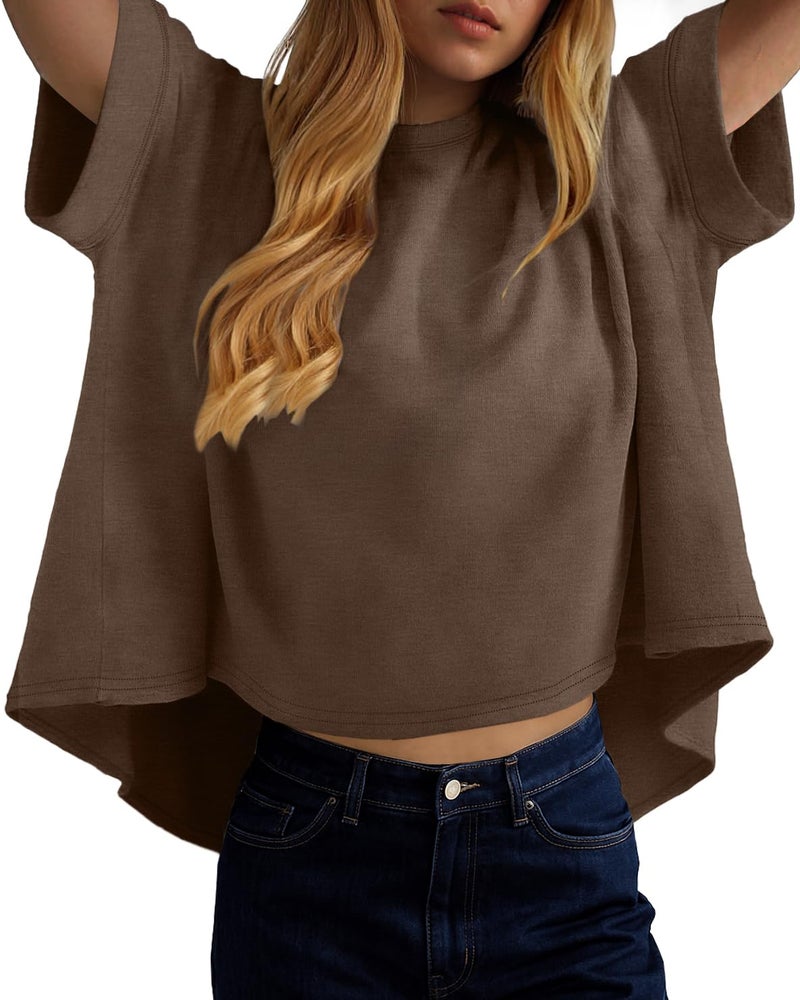 rosemia Oversized Tshirts for Women Summer Half Sleeve Crop Tops Basic Casual Blouses, Solid Brown, M - Image 2