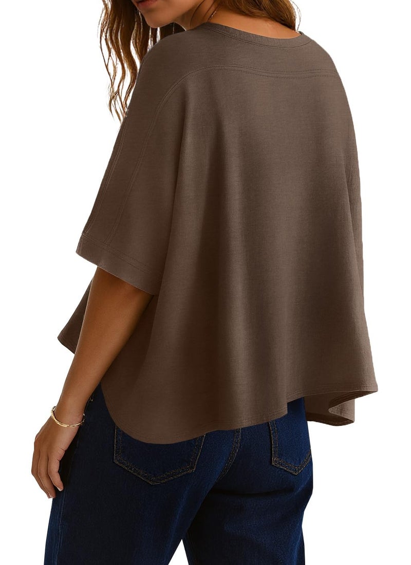 rosemia Oversized Tshirts for Women Summer Half Sleeve Crop Tops Basic Casual Blouses, Solid Brown, M - Image 4