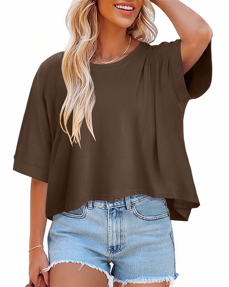 rosemia Oversized Tshirts for Women Summer Half Sleeve Crop Tops Basic Casual Blouses, Solid Brown, M - Image 3