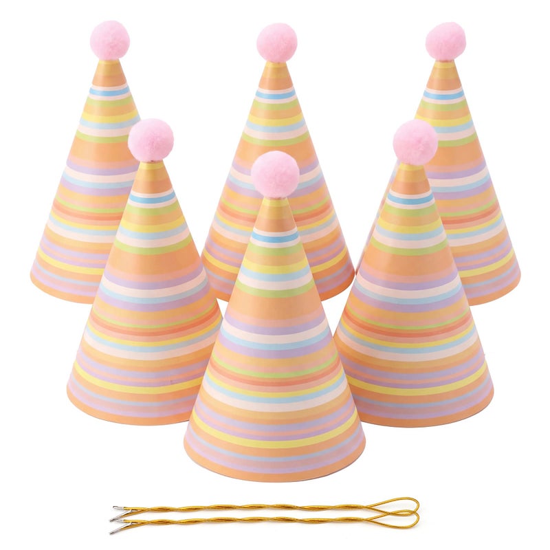Vesil Pink Birthday Party Hats for Girls 6 Pack Pink Cone Hat for Adults Pets and Stuffed Animals 67 Inch Tall Self Locking Striped Celebration Accessories with Pom Poms - Image 2
