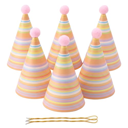 Vesil Pink Birthday Party Hats for Girls 6 Pack Pink Cone Hat for Adults Pets and Stuffed Animals 67 Inch Tall Self Locking Striped Celebration Accessories with Pom Poms - Image 1