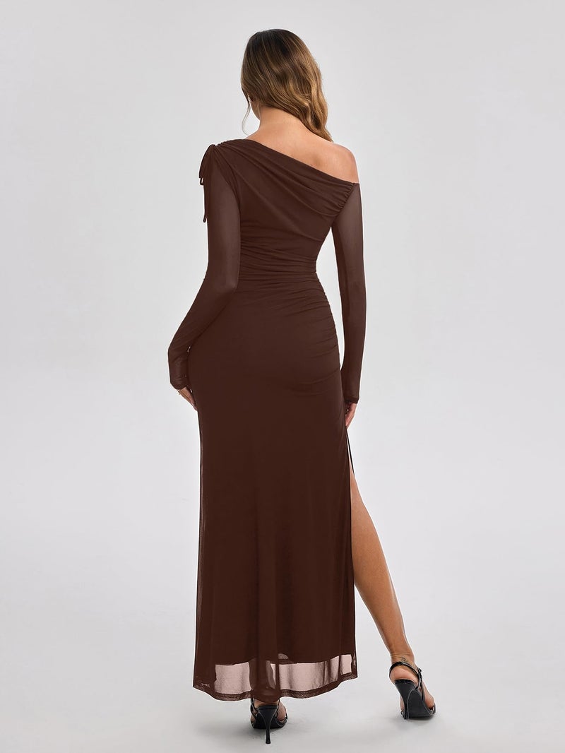 EYNMIN Wedding Guest Dresses for Women 2026 Spring Summer One Shoulder Long Sleeve Slit Mesh Ruched Bodycon Maxi Dress Brown - Image 4