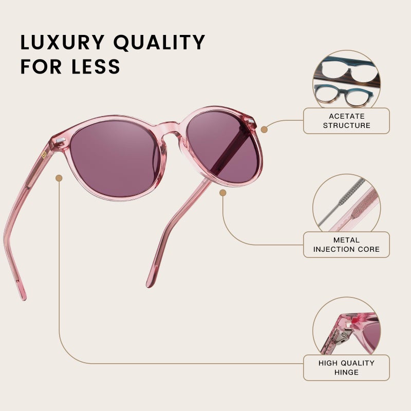 DUCO Retro Round UV400 Polarized Sunglasses for Women Men Vintage Shades Classic Acetate Trendy Fashion Sunglass DC1230 (Pink Frame Purple Lens) - Image 5
