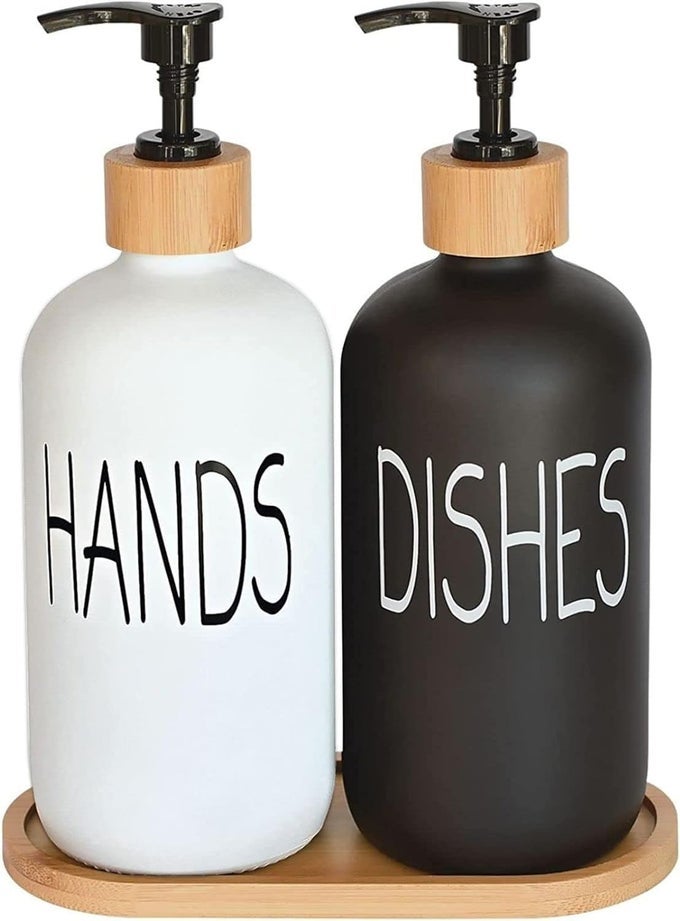 GLASS SOAP DISPENSER SET HAND SOAP AND DISH SOAP DISPENSER WITH BAMBOO TRAY VINTAGE SOAP DISPENSER WITH PUMP FOR KITCHEN SINK AND BATHROOM STYLISH PERMANENT LABELS MATTE BLACKWHITE