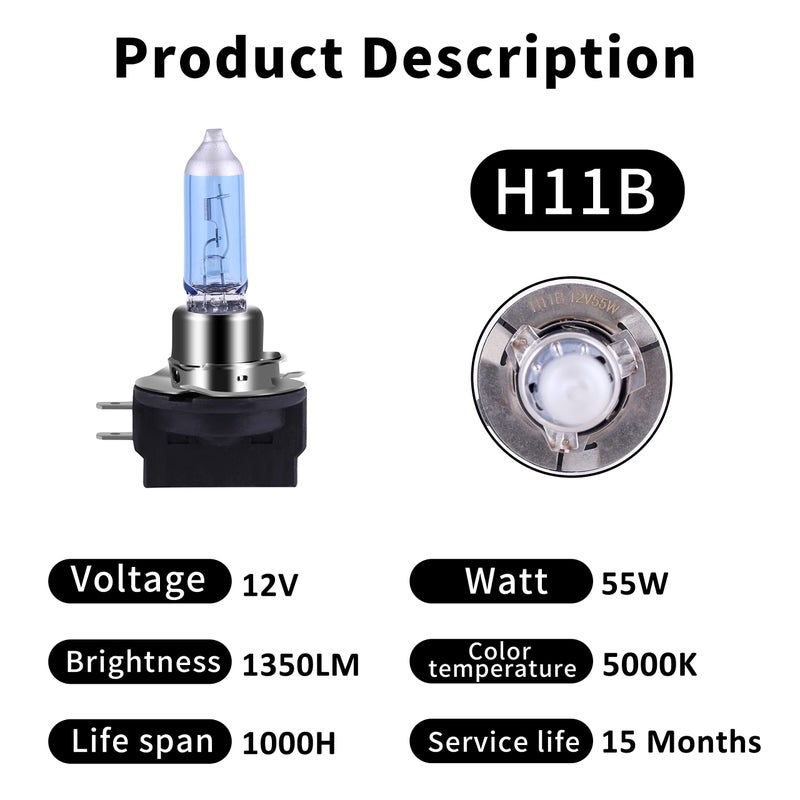 NEWBROWN H11B Headlight Bulb H11B Halogen Bulb 5000K Super White Light Long Life Replacement PGJY19-2 12V/55W (H11B, 2 Pack) - Image 3