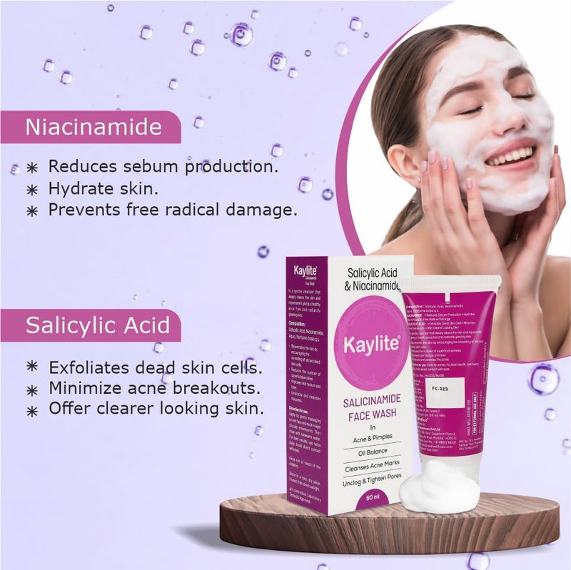 Kaylite Salicinamide Face Wash Acne Pimples Cleanses Acne Marks Face Wash With Salicylic Acid Perfume Base Face Wash Niacinamide Acne Acne Marks For Oil 60ml Pack of 2 120 ML - Image 3