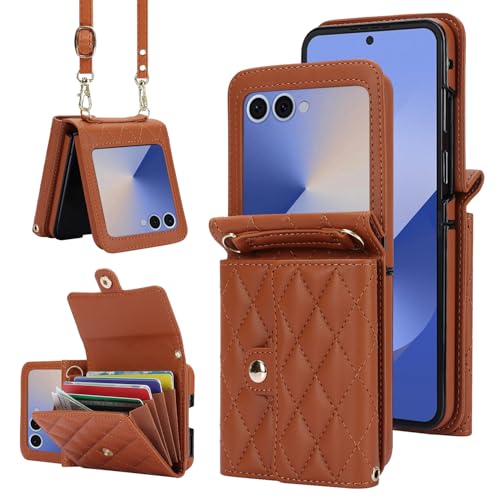 XIMAND for Samsung Galaxy Z Flip 7 Accordion Crossbody Wallet Case 4 Card Slots RFID Blocking and Adjustable Strap Stylish and Versatile AccessoryBrown - Image 1