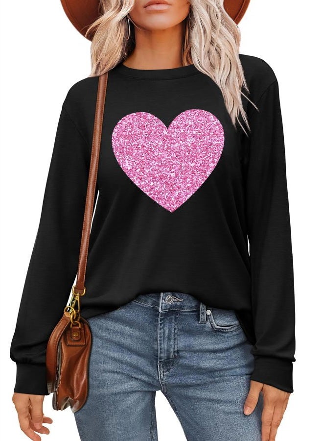 CAZYCHILD Valentines Day Women Shirt : Love Heart Graphic Long Sleeve Valentine Pullover Tops Casual Valentines Gifts, Heart-black, M - Image 1