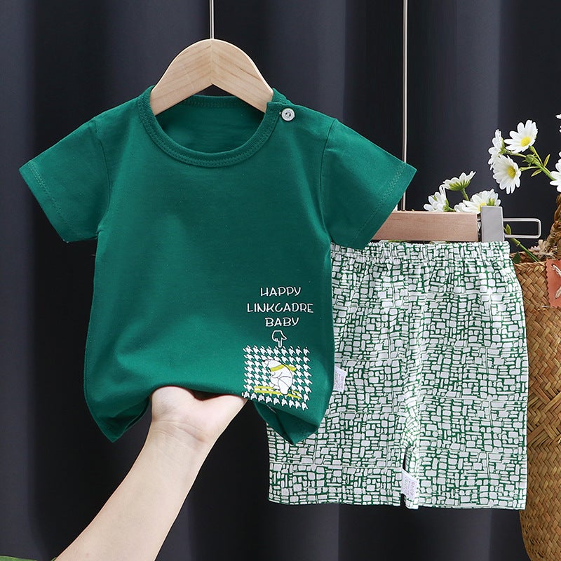Kids Cotton Summer Outfits Set K035-Short set of oil fruit Green 