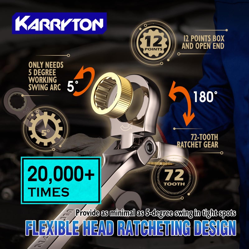 KARRYTON 26-Piece Flex head Ratcheting Wrench Set (Metric & SAE), 72 Teeth Combination Wrench Set w/Organizer Rack,Cr-V Steel,6-19mm(13PCS)&1/4-7/8"(13PCS),Black Nickel Handle with Golden Ratchet - Image 4